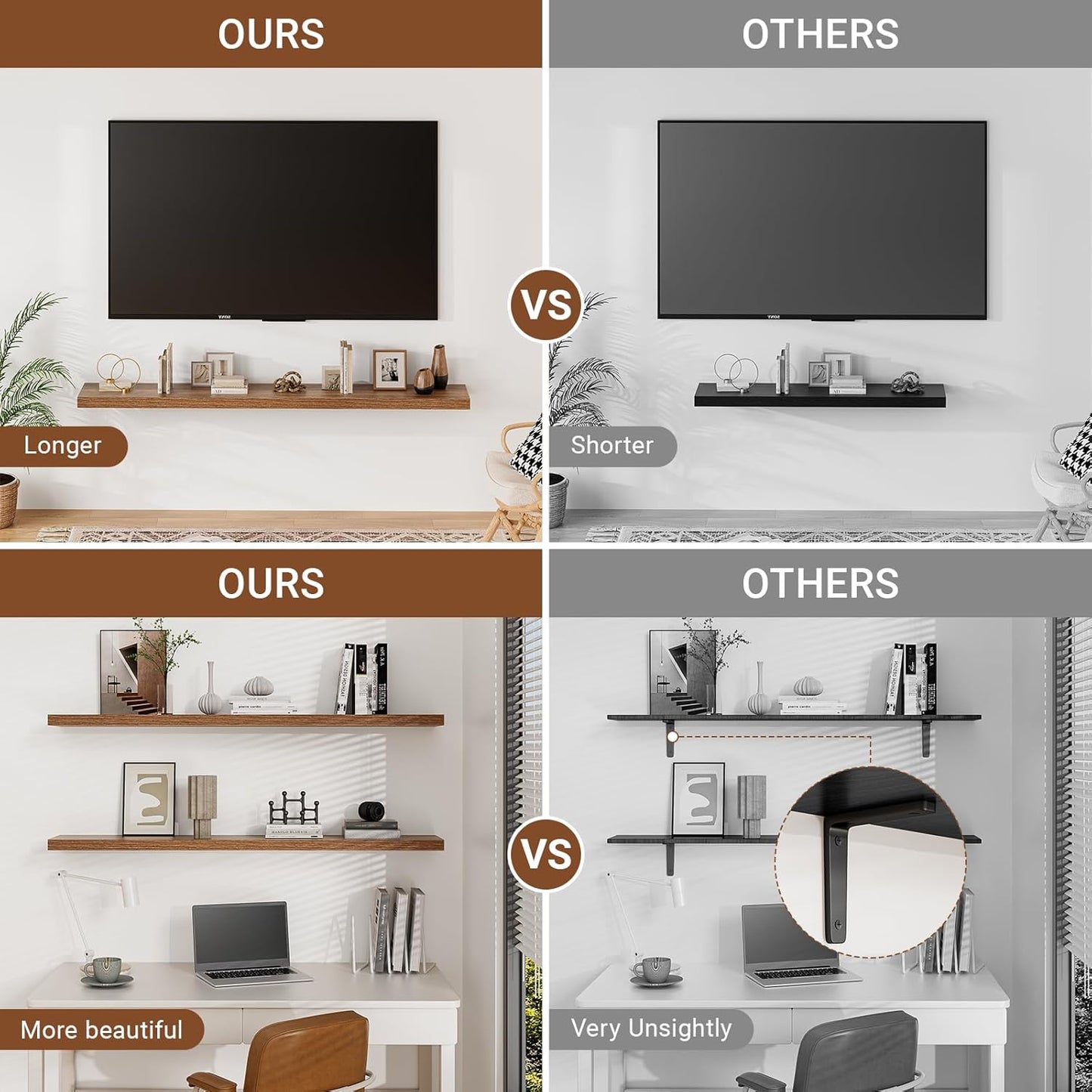 Heimlove Floating Shelves for Wall 36 Inches Long,9.3" Deep Walnut Floating Shelf Set of 2,Wall Mounted Shelves for Bathroom Bedroom Living Room Kitchen Office,Shelf for Books Storage,Home Decor