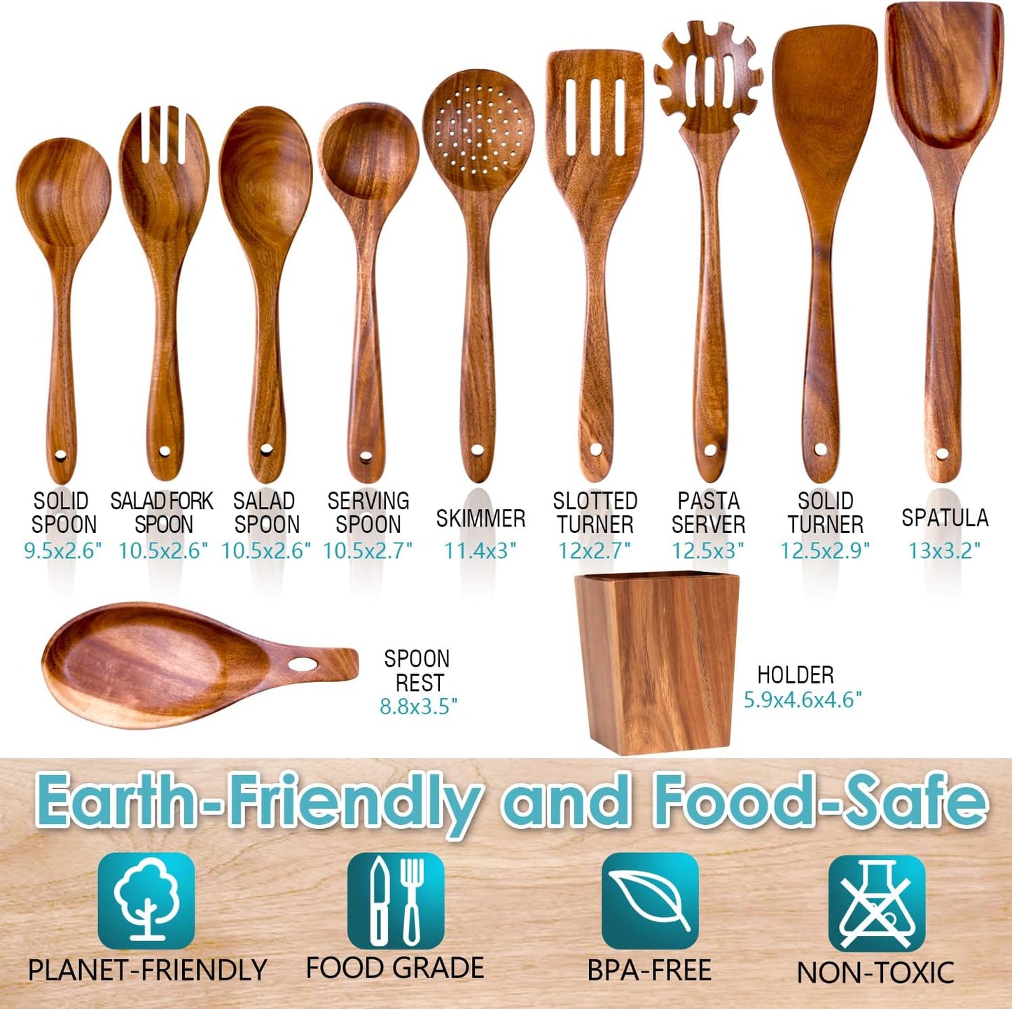 Wooden Spoons for Cooking, Acacia Wood Cooking Utensils Set – 11 Piece Wooden Kitchen Tools with Holder, Spoon Rest, Nonstick Cookware Safe by HOWHONG