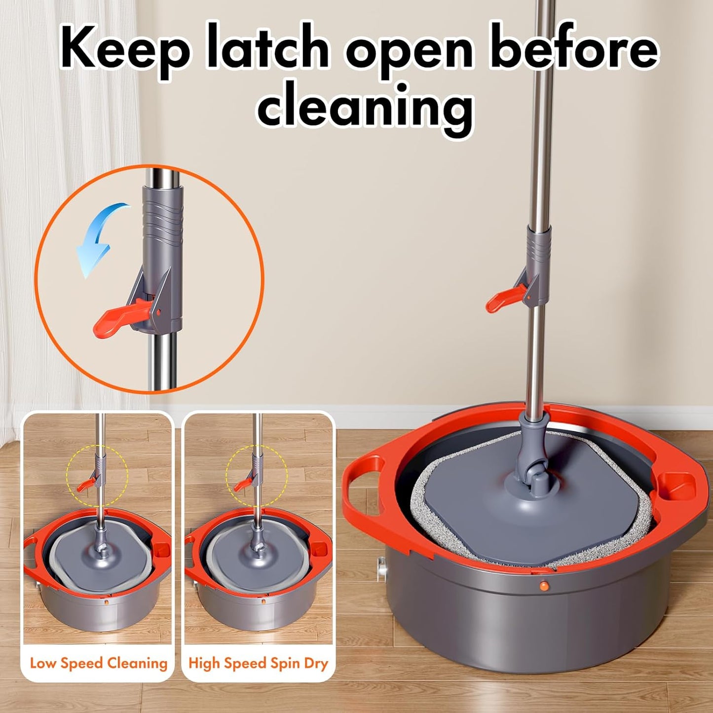 Spin Mop and Bucket with Separate Dirty and Clean Water,360° Spin Mop and Bucket System with Widening Foldable Handle,6 Replaceable Mop Pads,Square Mop for Floor Hardwood Tile Marble Wall Cleaning
