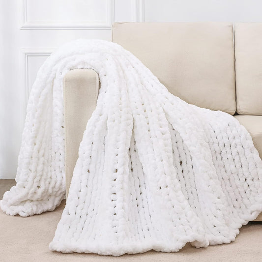 Bigacogo Chunky Knit Throw Blanket for Couch, 40x60 inches, 100% Hand Knitted with Thick Jumbo Chenille Yarn, Cozy Soft Large Rope Knot Cable Crochet Blankets for Sofa Bed Living Room, White
