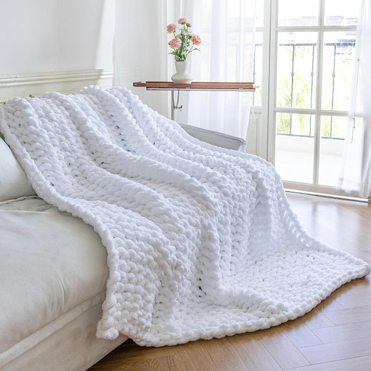 Chunky Knit Blanket - Luxury Soft Cozy 50 * 60 Throw Blanket,100% Woven Blanket Rope Knot Throw Blanket for Couch, Sofa, Home Decor, Gift - Machine Washable（White）