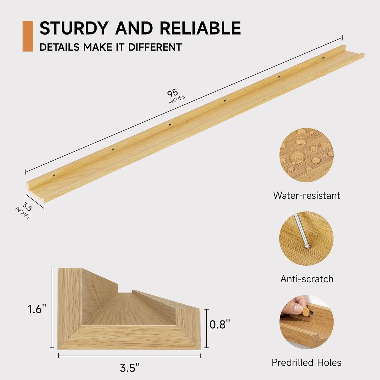 Floating Picture Ledge Shelves for Wall Set of 2, 95 Inches Picture Ledge Shelf with Long Large Nursery Book Shelf for Toys Storage Kids Bookshelf Wall Mounted Living Room Bedroom Decor Frames, Oak