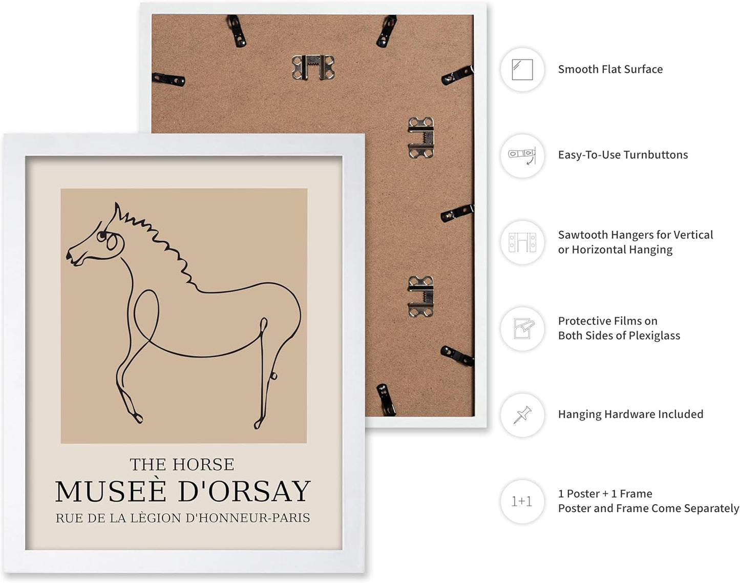 Poster Master Vintage Poster - Retro Minimalist Print - Gift for Artist, Friend - Horse, Line Drawing, Sketch, Abstract - Wall Decor for Living Room, Bedroom, 16x20 White Framed