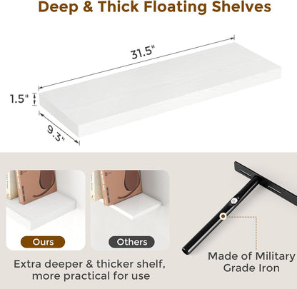 Fun Memories White Floating Shelves 32 Inch Long, 9 Inch Deep Floating Bookshelf Wall Mounted, Farmhouse Wood Shelves White for Bathroom, Living Room, Bedroom, Home Decor Deep Shelf for Wall Set of 2