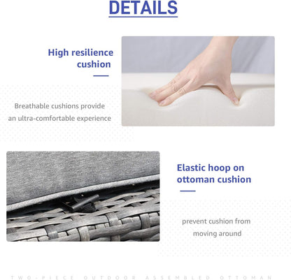 Patiorama 2 Pieces Assembled Outdoor Patio Ottoman, Indoor Outdoor All-Weather Grey Wicker Rattan Outdoor Footstool Footrest Seat with Light Grey Cushions, No Assembly Required