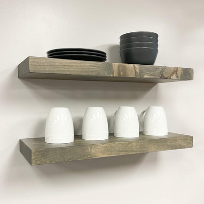 URBANDI, Rustic Floating Shelves, Set of 2, Hidden Bracket, Solid Wood, Heavy Duty, Wall Mounted Shelves, (Grey, 48Wx8D)