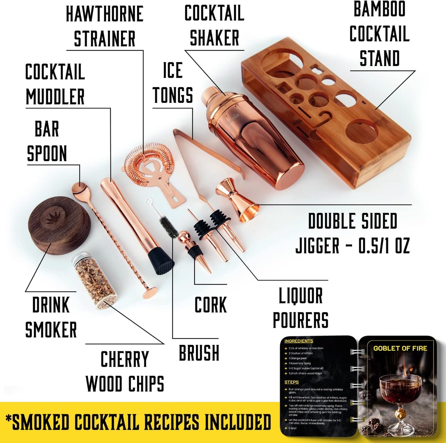 Bartender Kit with Whiskey Smoker - 13 pcs, Bamboo Stand - Bar Set with Cocktail Shaker, Bartending Kit with Essential Bar Accessory Tools, Wood Chips, Pink Gold
