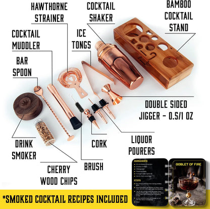 Bartender Kit with Whiskey Smoker - 13 pcs, Bamboo Stand - Bar Set with Cocktail Shaker, Bartending Kit with Essential Bar Accessory Tools, Wood Chips, Pink Gold