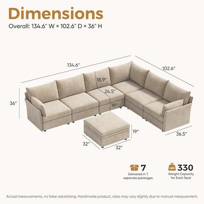 136.4" Oversized Modular Sectional Sofa, L Shaped Convertible Couch with Movable Ottoman, Large 7 Seat Corner Couches for Living Room Deep Seat Beige Chenille