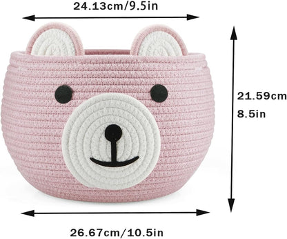 PandaEar Cotton Rope Baby Basket, Baby Gift Basket Nursery Laundry Organizer with Cute Bear Design for Storage Infant Newborn Essentials, Diaper Caddy with Handle (Pink)