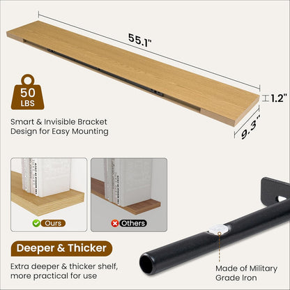 Fun Memories 55 Inch Fireplace Mantel Shelf -Long Floating Shelves, Deep Wall Mounted Farmhouse Display Shelves with Invisible Heavy Duty Metal Bracket, Oak, 2 Pack
