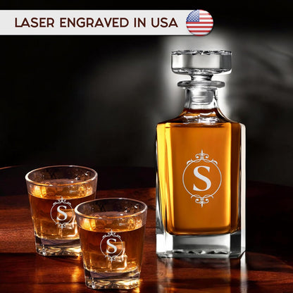 Personalized Rectangle Whiskey Decanter Set for Men 700ml Luxury Gift for Dad, Him, Boyfriend - Liquor Decanters with 2 or 4 Glasses for Birthday, Retirement, Weddings - 24 Engraved Design Options