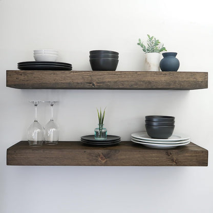 Modern Floating Shelves 3 Inches Thick for Wall, Wide Shelves for Kitchen, Living Room, Bedroom, and Bathroom, Natural Pine Wood, Rustic Wooden Shelf, (Set of 2) (Jacobean, 48Lx3Hx8D)