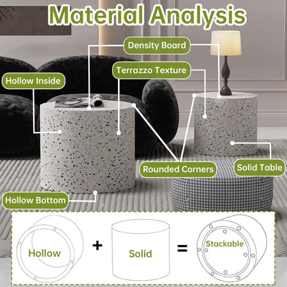 Round Nesting Coffee Tables Modern Terrazzo Coffee Table Small Round Coffee Table Circular Side Table Accent End Table Nesting Coffee Tables Set of 2 for Living Room (Terrazzo)