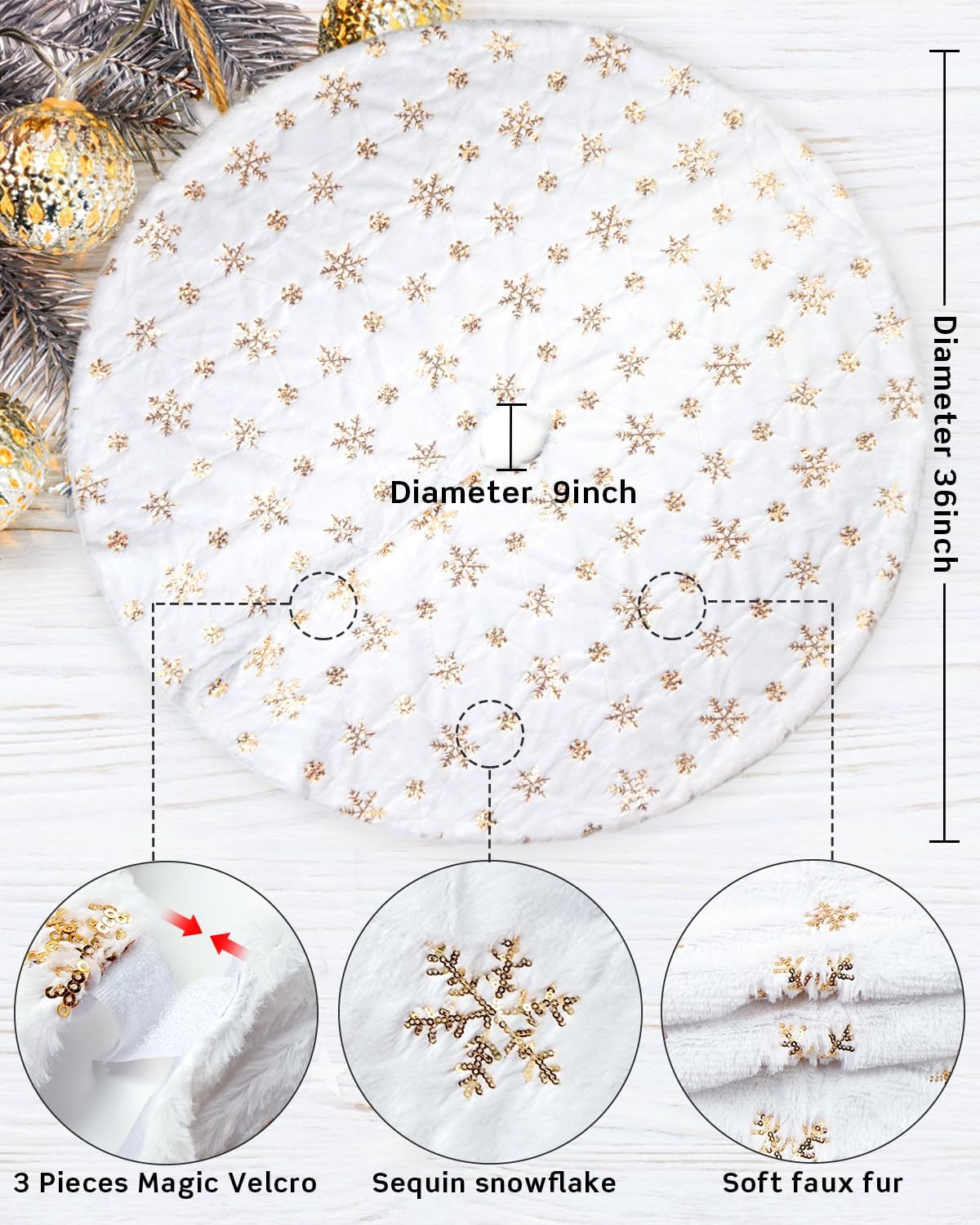 COOLWUFAN 36 Inches Christmas Tree Skirt for Xmas Tree Holiday Party Decoration White Plush Gold Sequin Snowflake (Gold)