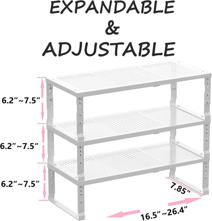 Metal Stackable Expandable Storage Shelf - Multi-Functional Home Storage Shelf, Suitable for Kitchen, Cabinet，Bathroom, Office, Garage, etc.（3PACKS/White/Medium