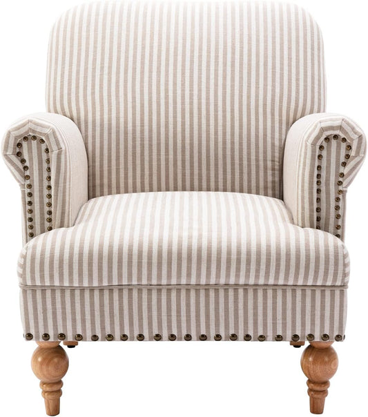 chairus Linen Accent Chair for Living Room Upholstered Mid Century Modern Single Sofa Chair with Solid Wood Legs Comfy Reading Chair Armchair for Bedroom/Office Room/Recption/Lounge, Khaki Stripe