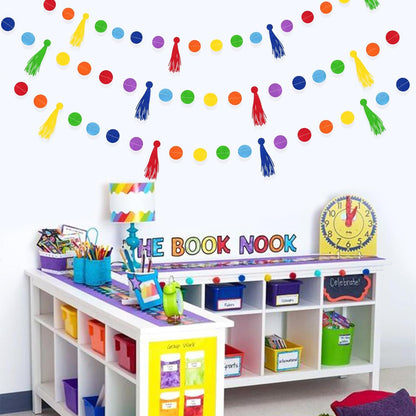 Rainbow Decorations Colorful Felt Tassel Circle Dot Garland Banner Rainbow Hanging Polka Dot Tassel Streamer for Classrooms Preschool Everyone is Welcome Nursery Birthday Fiesta Carnival Party Decor