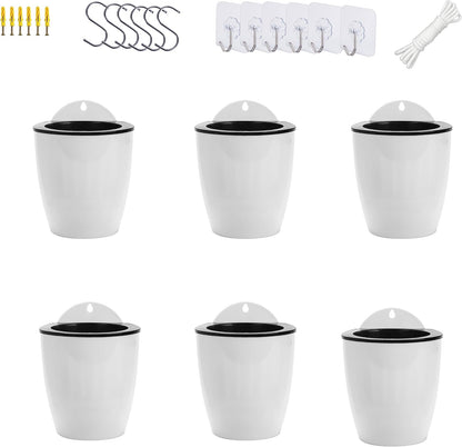 ORIMERC 6 Pack White Self Watering Wall Hanging Planter Pots Vertical Garden Window Mount Indoor Outdoor Plant Flower Basket Kitchen Herbs Balcony Railing Shelf Fence Bedroom Trellis Decor(Medium)