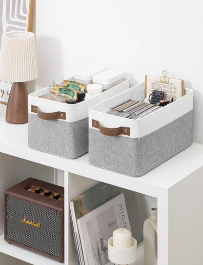 StorageWorks Narrow Storage Bins, Small Basket for Closet and Shelves, Rectangular Fabric Organizer with Handles, Toilet Paper Storage, Gray and White Stripes, 2-Pack