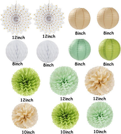 Olive-Sage Green-Boho Party-Decorations Streamers-Lanterns - 14pcs Baby Bridal Shower Wedding Paper Fan, Eucalyptus Wild Safari Jungle Birthday Tissue Pom Poms, Honeycomb Balls Decor Lasting Surprise