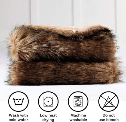 Luxury Plush Faux Fur Blanket King Size, Long Pile Brown with Black Tipped Throws, Oversized Super Warm, Fuzzy, Elegant, Fluffy Decoration Throw Blanket for Sofa, Armchair, Couch and Bed, 104"x90"