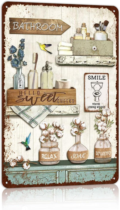 Vintage Farmhouse Bathroom Metal Tin Signs Rustic Flower Country Wall Art Decor 8X12 Inches