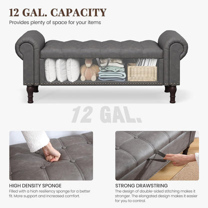 Storage Bench for Bedroom, 51" Full Queen Storage Bench, Upholstered Bedroom Bench with Rolled Arms and Vintage Rivets for Living Room, Storage Room, Entryway, Gray
