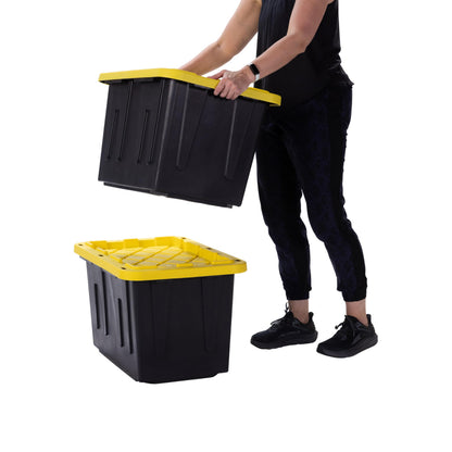 Plastic 23-Gallon Storage Tote with Lockable Lid, Stackable Tough Regular-Duty Bin for Garage