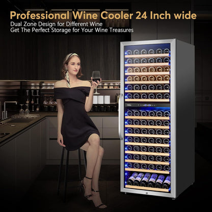 24 Inch Wine Cooler Fridge Dual Zone, Professional Large Capacity High Wine Refrigerator with Powerful Compressor, Quiet Operation and Elegant Design-KMHJ408D