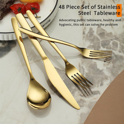 Berglander Gold Silverware Set 48pcs Service for 12, Golden Titanium Plating Stainless Steel Flatware Set, Gold Spoons Forks Knives Set for Home, Wedding, Restaurant, Hotel, Dishwasher Safe