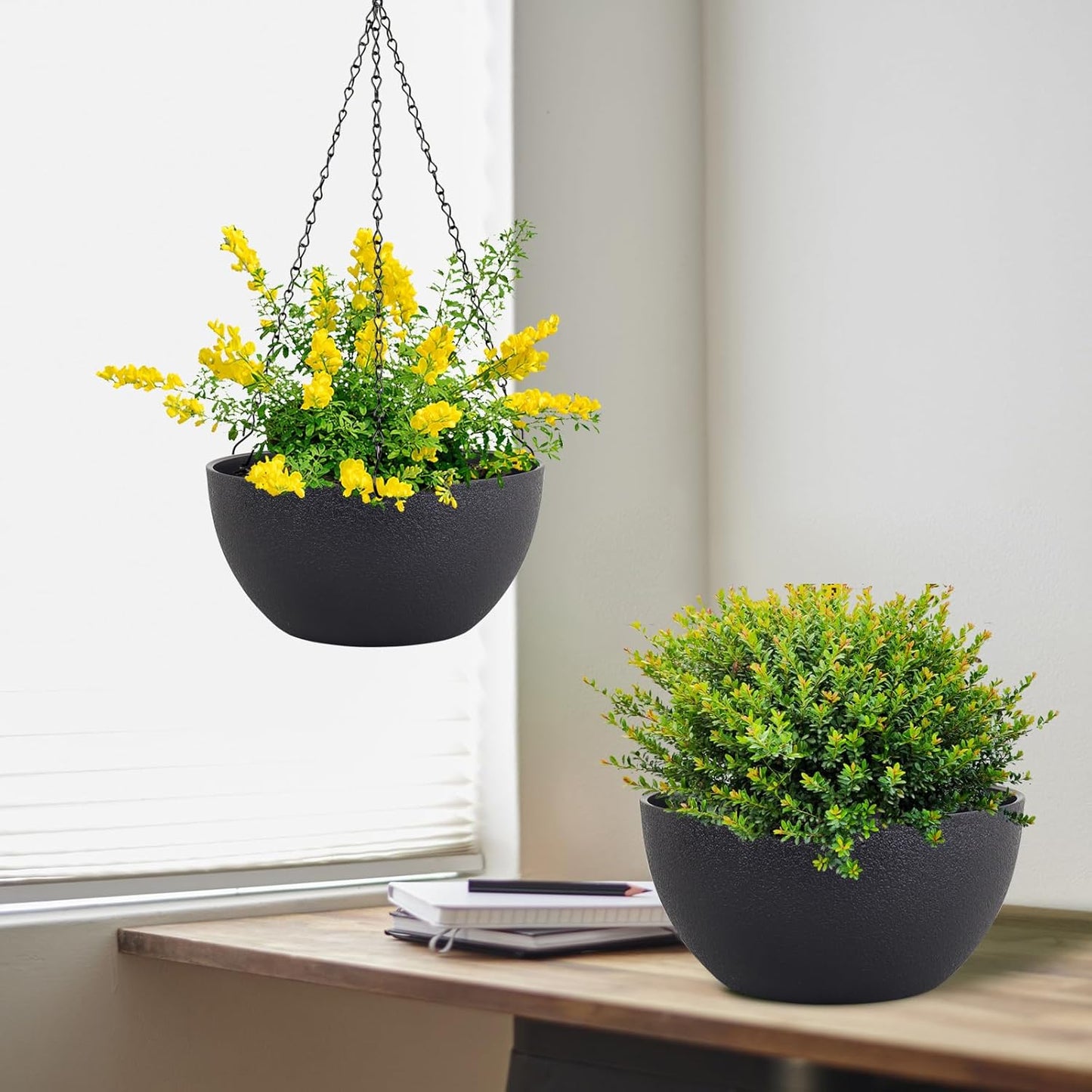 10 inch Hanging Planters for Indoor Outdoor Plants, 2 Pack Hanging Flower Pots with Drainage Holes and Chain for Garden Porch Plants, Round Plastic Hanging Baskets for House Plants, Black