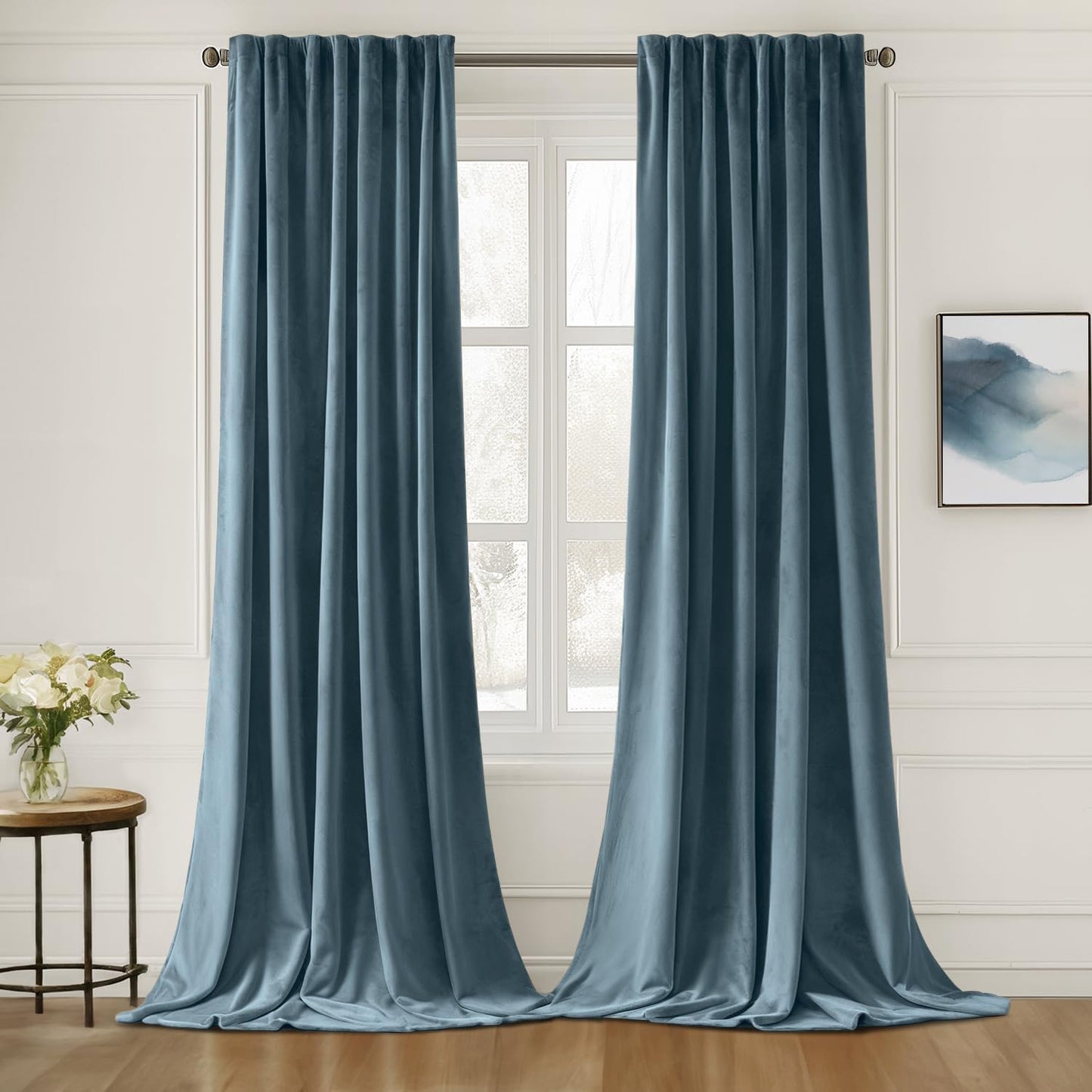 MIULEE Stone Blue Velvet Curtains 108 inches Long 2 Panels - Luxury Pinch Pleated Room Darkening Window Drapes for Bedroom Living Room Thermal Insulated Super Soft, Back Tab Rod Pocket Light Blue
