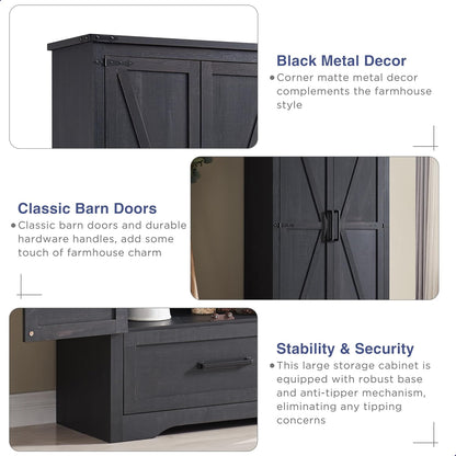 Farmhouse Kitchen Pantry Cabinet - 72" Tall Large Wood Kitchen Storage Cabinets with Adjustable Shelves & 2 Barn Doors & Drawer, Versatile Storage for Dining Room, Bathroom, Living Room, Antique Black