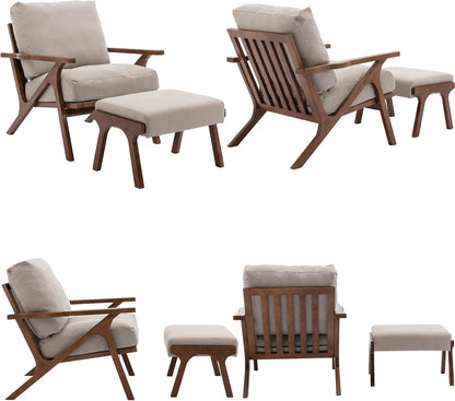 Mid Century Modern Accent Chair with Ottoman, Farmhouse Linen Upholstered Living Room Armchair and Ottoman Set, 23" Seat Wide Retro Leisure Lounge Chair with Wood Frame for Home, Bedroom, Beige