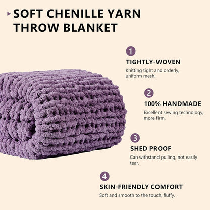 L'AGRATY Chunky Knit Blanket Throw: 60''x80'' Chenille Chunky Knitted Throw Blanket for Bed Couch - Handmade Thick Big Cable Knit Blanket - Large Crochet Rope Blanket for Home Decor(Deep Purple)