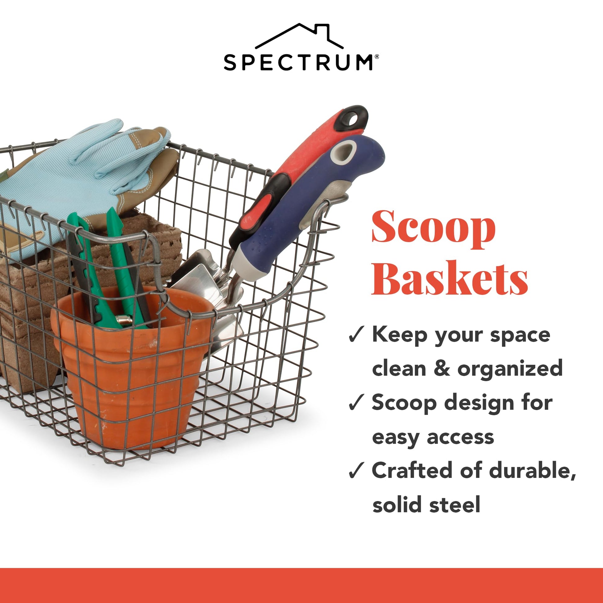 Spectrum Small Wire Scoop Storage Basket Industrial Gray Metal Wire Basket Storage Organizer for