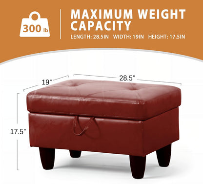 Ottoman Rectangular Storage Ottoman Bench, Faux Leather Footrest, Coffee Table, Stool Footstool with Hinged Lid for Living Room, Bedroom, Entryway, Red, 28.5"x19"x17.5"