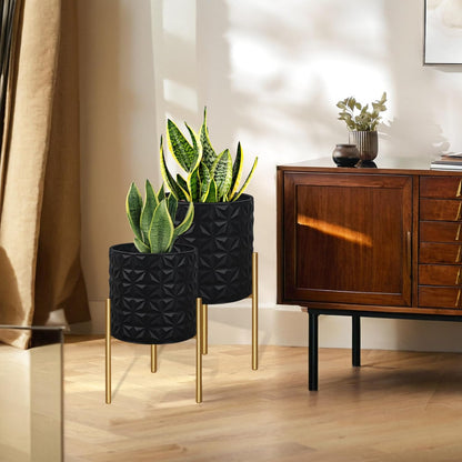 ARNIS Modern Planter Pots, Set of 2 Large Planters with Stand, Decorative Planters, Metal Pots with Drainage Holes for Living Room, Office, Garden or Balcony, 10.5 &12.25 Inch, Matte Black