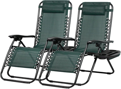 Nazhura Set of 2 Relaxing Recliners Patio Chairs Adjustable Steel Mesh Zero Gravity Lounge Chair Beach Chairs with Pillow and Cup Holder (Dark Green)