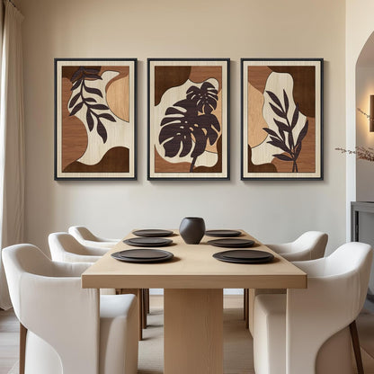 Framed Textured Wood 3D Wall Art for Living Room, Large Boho Tropical Brown Artwork for Walls, 3 Piece Farmhouse Botanical Leaf Wood 3D Textured Wall Art Decor for Office Bedroom Hallway, 24x36 Inch
