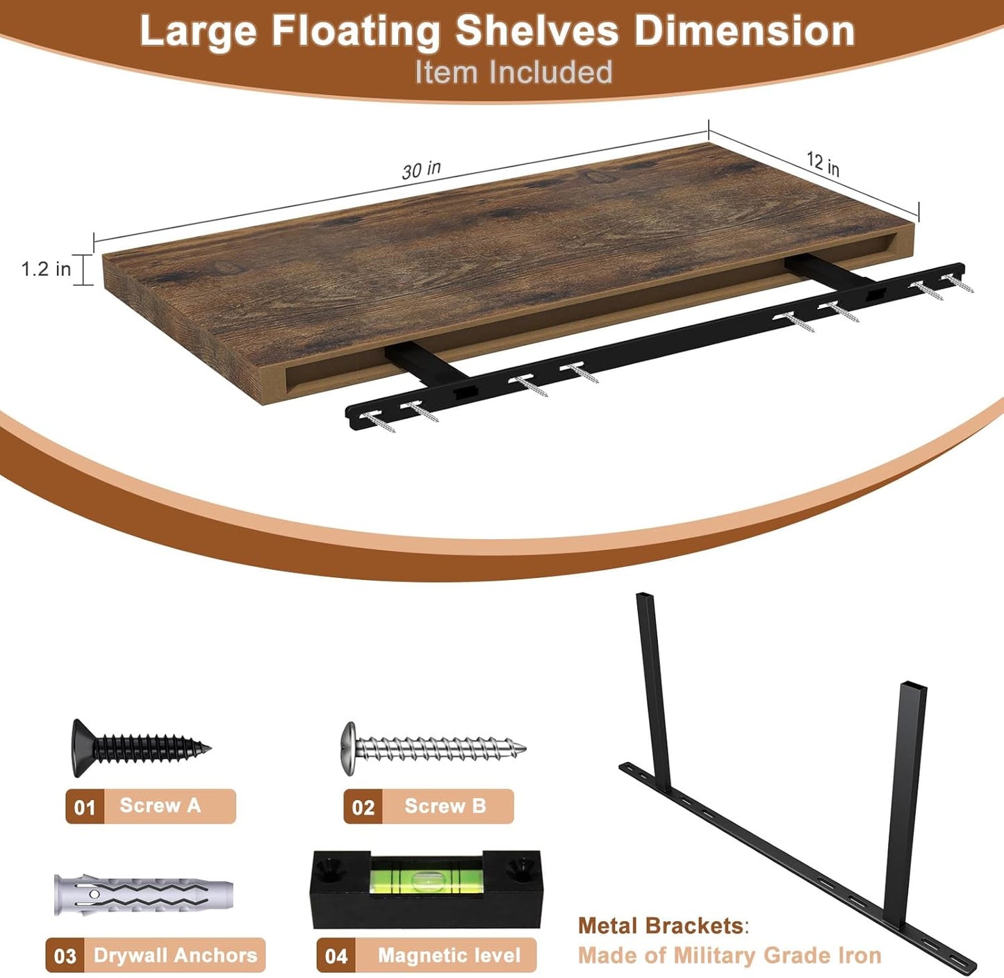 12 Inch Deep Floating Shelves for Wall 1 Pack Floating Shelves Large Storage Space Wall Mount Shelf for Living Room Kitchen Bathroom 30" W x 12" D x 1.2" H Rustic Brown