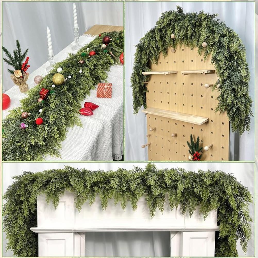 6 Ft Artificial Cedar Garlands – Real Touch Winter Greenery, Realistic Artificial Cedar Tree Christmas Pine Garland Decorations for Table Mantle Wall Indoor Fireplace Holiday Party (9ft, 1)