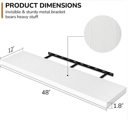 Fun Memories Floating Shelves - 12 Inch Rustic Wooden Wall Shelves - Extra Deeper & Thicker Wall Mounted Storage Shelf for Living Room, Kitchen, Farmhouse - 48" W x 12" D x 1.8" H - White