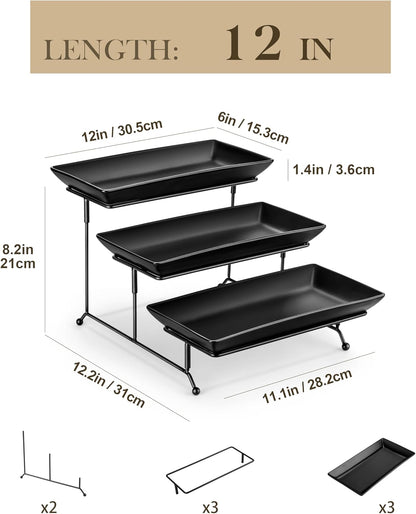 MALACASA 3 Tier Serving Trays for Party, Stoneware Serving Platters and Trays, 12 Inch Tiered Tray Stand, Fruit Tray, Trays for Serving Food, Black Dessert Stand with Collapsible Sturdier Metal Rack