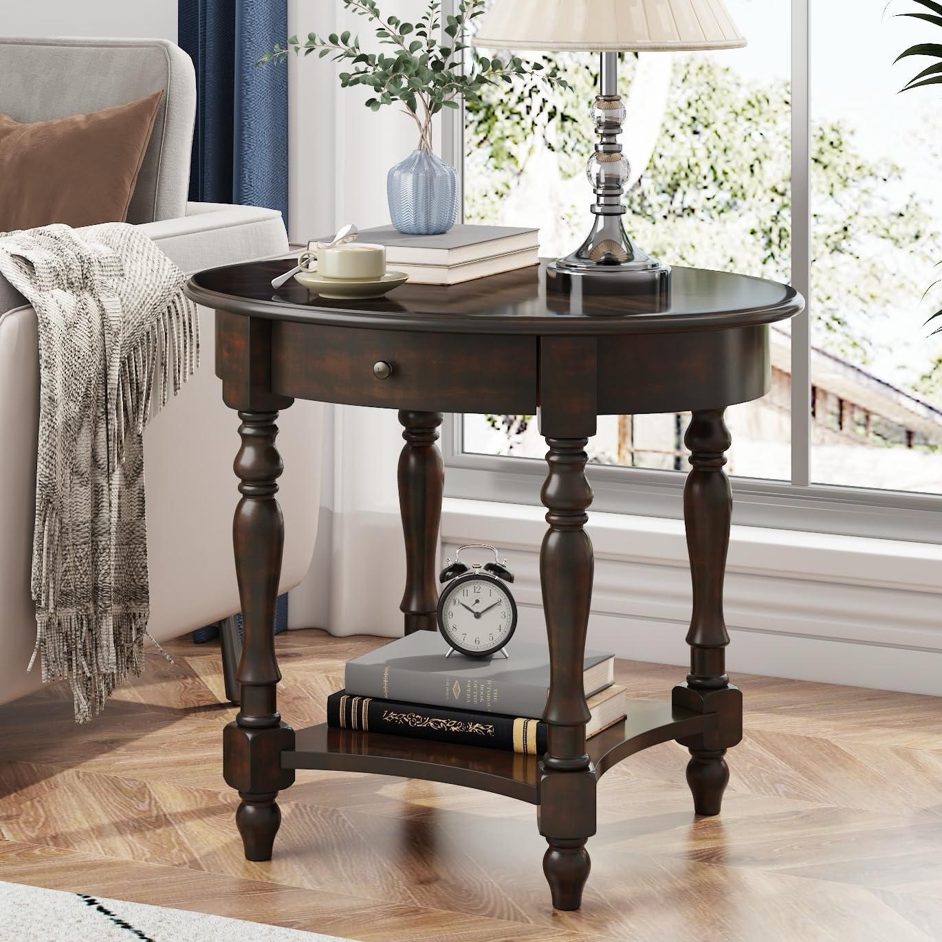 MODERION Oval End Table with Drawer, Solid Wood Sofa Side Table with Storage Shelf, Traditional Living Room Corner Table, Nightstand, Easy Assembly 28” x 22” x 24” Retro Walnut CJZ2233DC