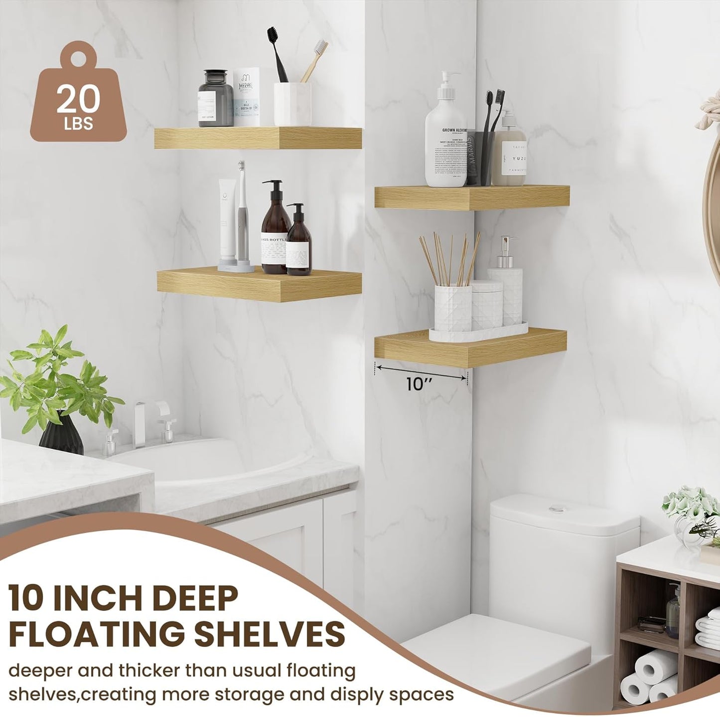 Fun Memories Floating Shelves for Wall - 10 x 16 Floating Shelf - Rustic Wood Storage Shelf - Wall Shelves with Invisible Bracket - 16" Bookshelves for Living Room & Bedroom - Oak - Set of 2