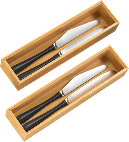 Silverware Tray for Drawer, Stackable Kitchen Bamboo Drawer Organizer 12" x 3" x 2" Set of 2