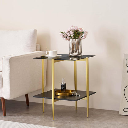 Glass End Table, Mid-Century Modern Design Sofa Table, for Living Room, L18 x W18 x H23 in, Clear Glass Top and Walnut MDF Shelf, Sleek Conical Metal Legs with Gold Finish Frame