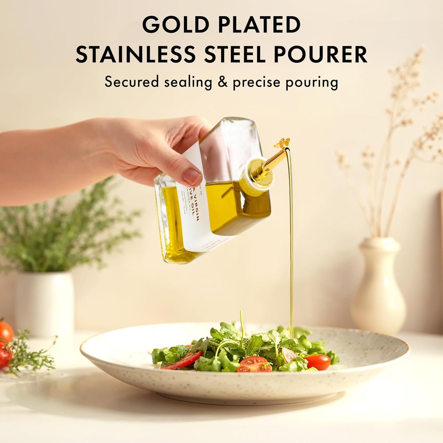 Glass Olive Oil Dispenser Bottle Set [2x17oz]: 36 Premium Gold Labels, Oil Dispenser for kitchen, Vinegar Bottle Set, Glass Dispensers for Soy Sauce, Syrup Bottles | Set of 2